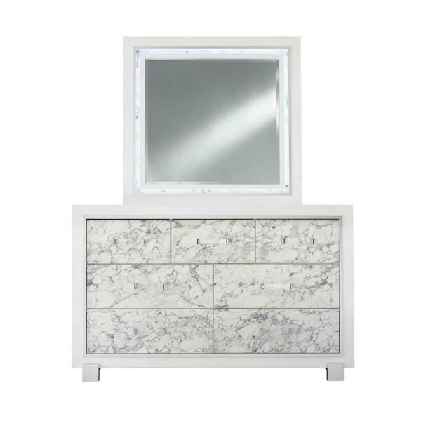 Gfancy Fixtures Modern White Mirror with Faux Marble Border Detail LED Lightning GF3647724